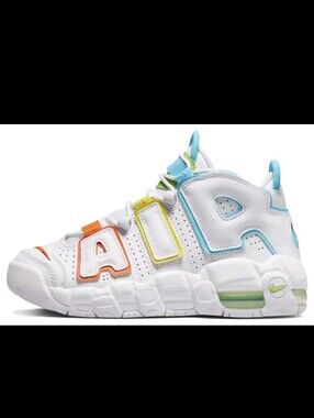 Nike Uptempo Kids Athletic Sneakers in White with Multicolor Accents